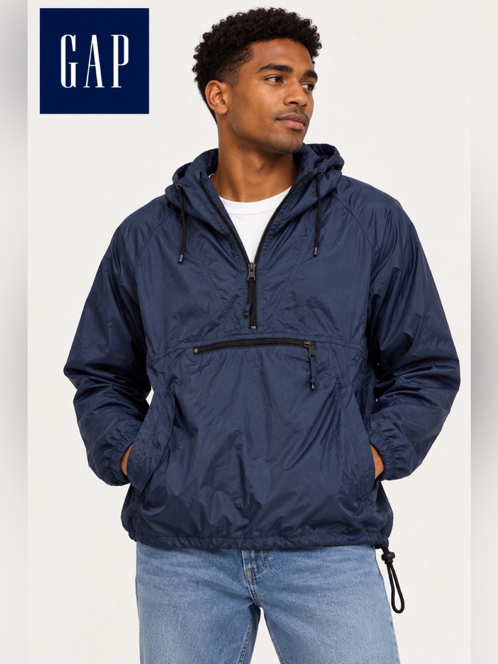GAP Navy Half-Zip Pullover Windbreaker Hooded Jacket Size L